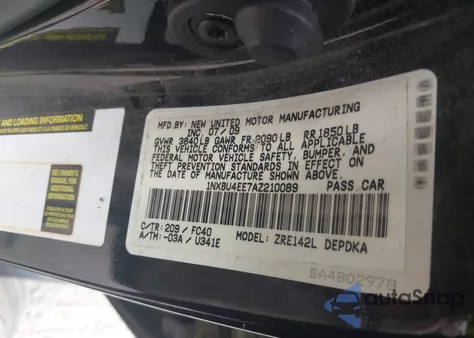 2010 Toyota Corolla Le из США, поврежденный, VIN 1NXBU4EE7AZ210089